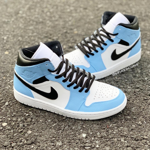 Custom Powder Blue Black and White Jordans -Grade School