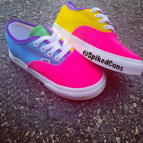 Custom Authentic Vans -Color Block Vans (purple, neon pink, green, blue, & yellow)