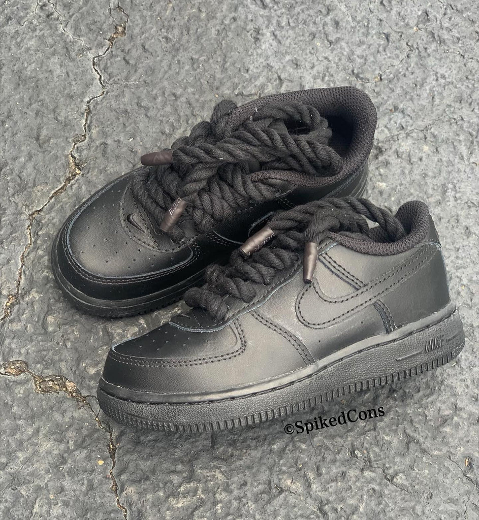 All Black Af1 with Rope Laces (White Also Available) Preschool 2 Youth / Black with Black Rope Laces